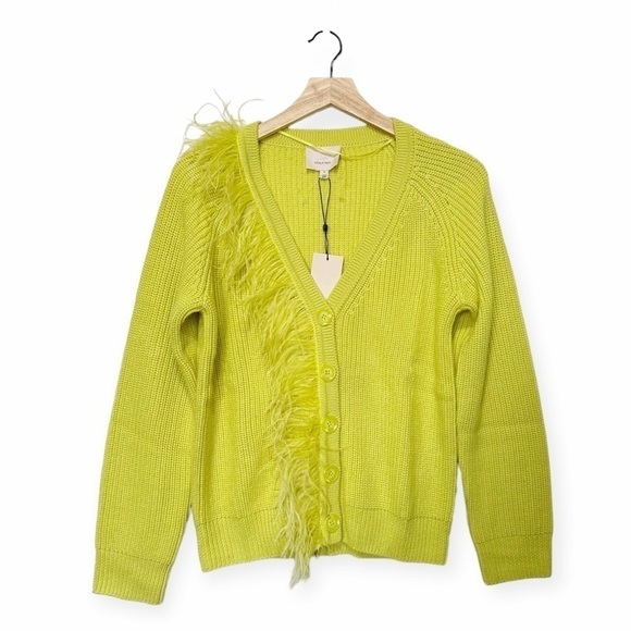 Cinq à Sept Laney Button Front Feather Trim Cardigan, Size S, Key Lime, New with - Picture 2 of 12
